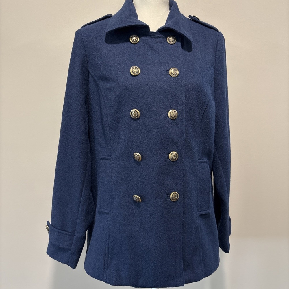 CAbi Style 525 Pea Coat Wool Jacket Size Large Navy Blue Nautical Military